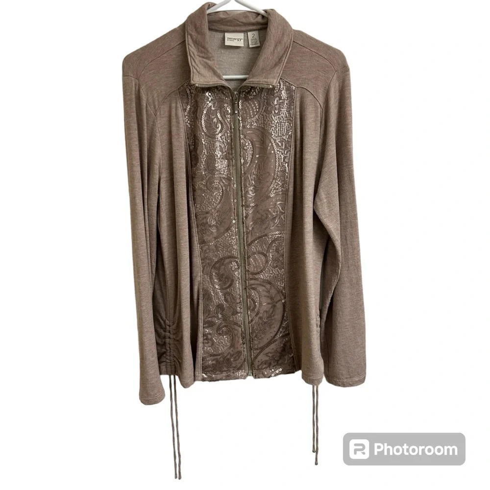 Chico’s Zenergy Women’s 2 Lg Beige Sequined Zip Up Jacket Side Ruched Athletic - Picture 2 of 12